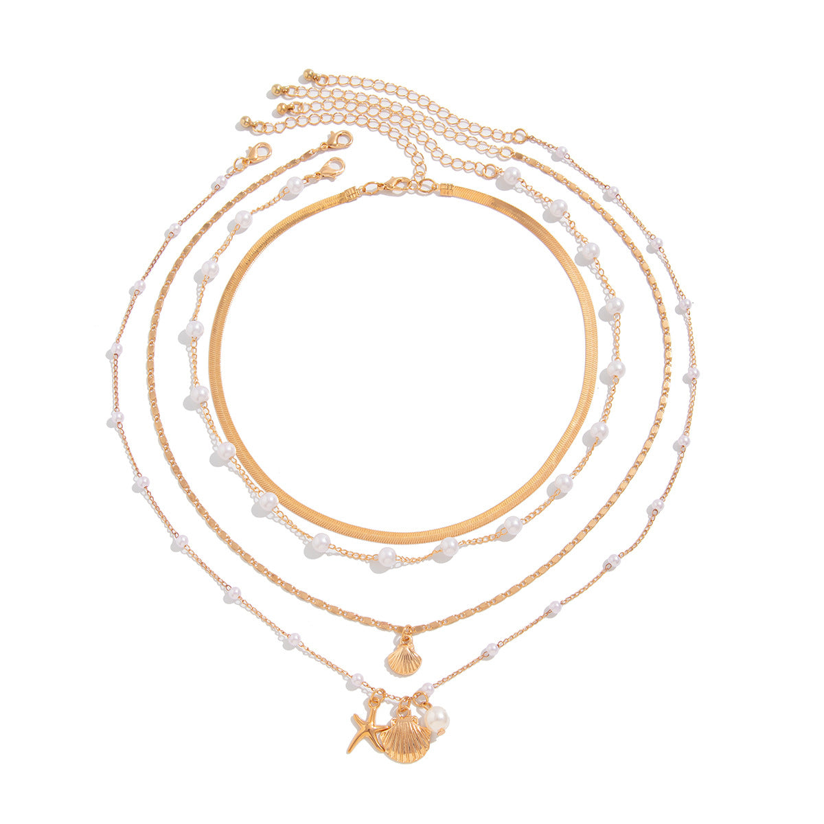 Minimalist Ocean-Inspired Star and Shell Pendant Necklace for Women with Imitation Pearl and Alloy, Plated Snake Chain