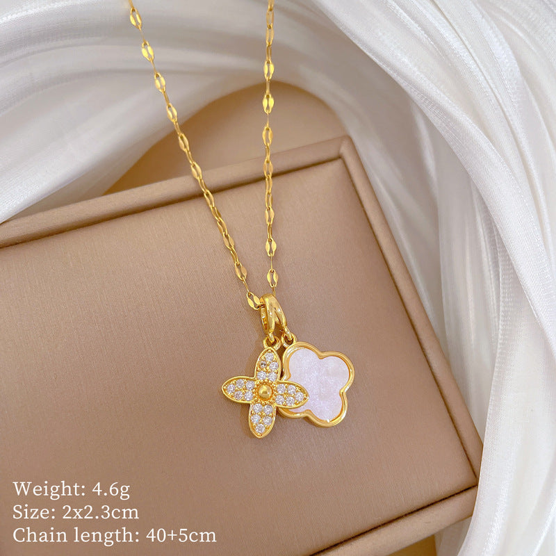 Luxury Double-Layer Floral Necklace for Women with Titanium Steel Chain and Moon Pendant