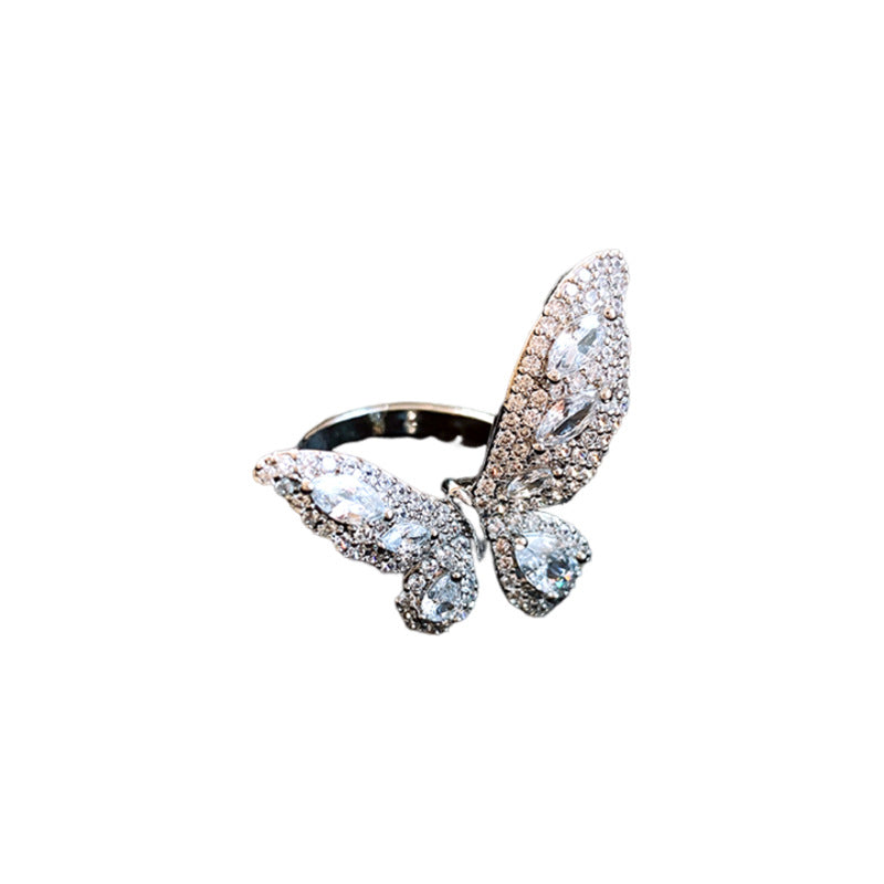Anello Aperto a Forma di Farfalla in Rame con Intarsio di Zirconi da Donna, Anello da Dito Minimalista Estetico Naturale