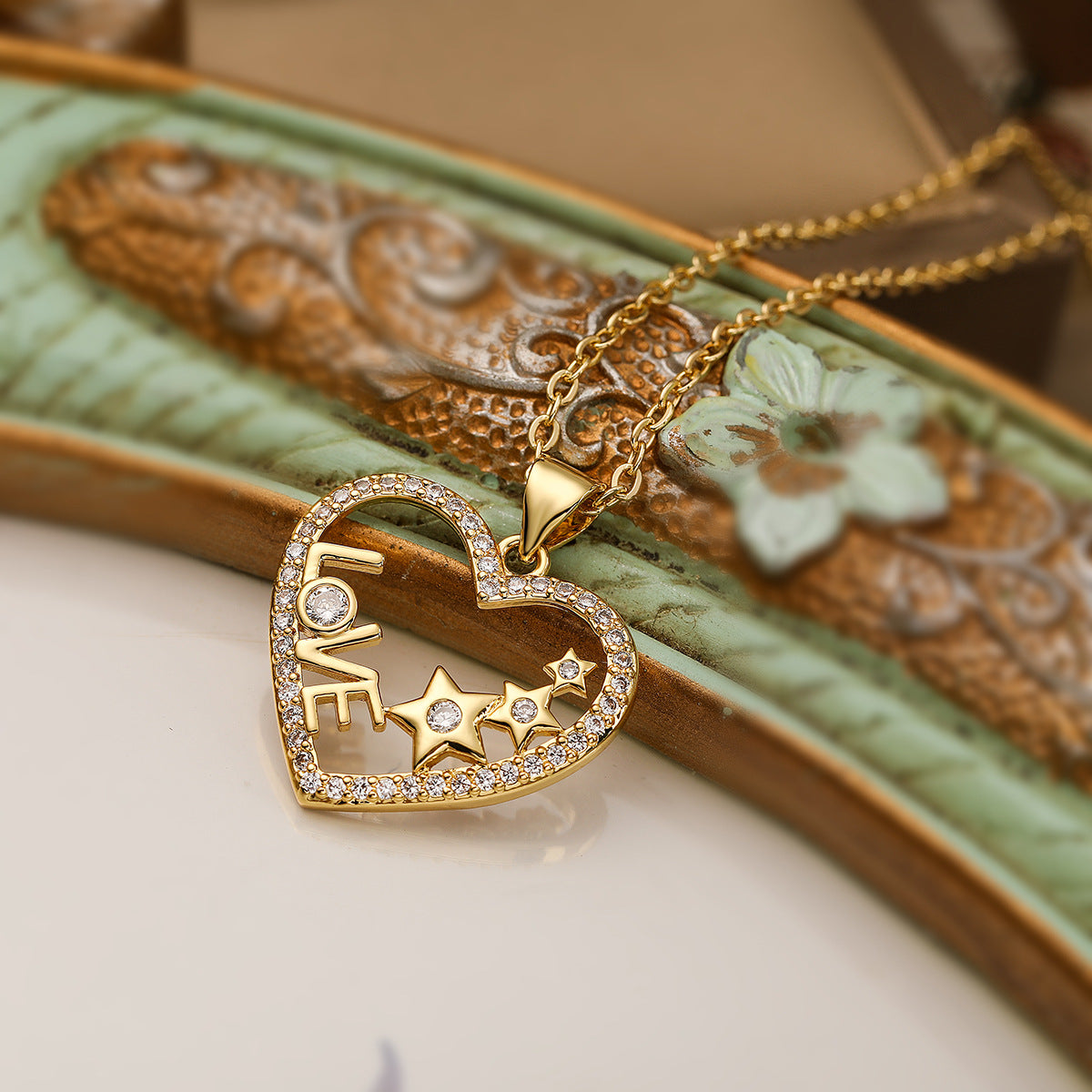 Minimalist Geometric Heart and Butterfly Pendant Necklace for Women in Copper with 18K Gold Plating and Zircon Inlay