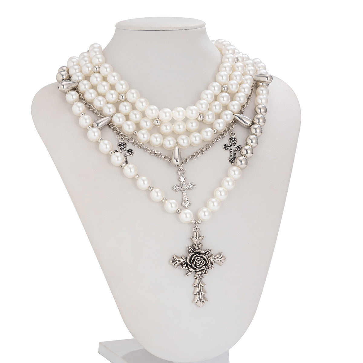 Exaggerated Thorny Rose Cross Pendant Necklace for Women with Alloy Pendant and Imitation Pearl Beads on Ball Chain