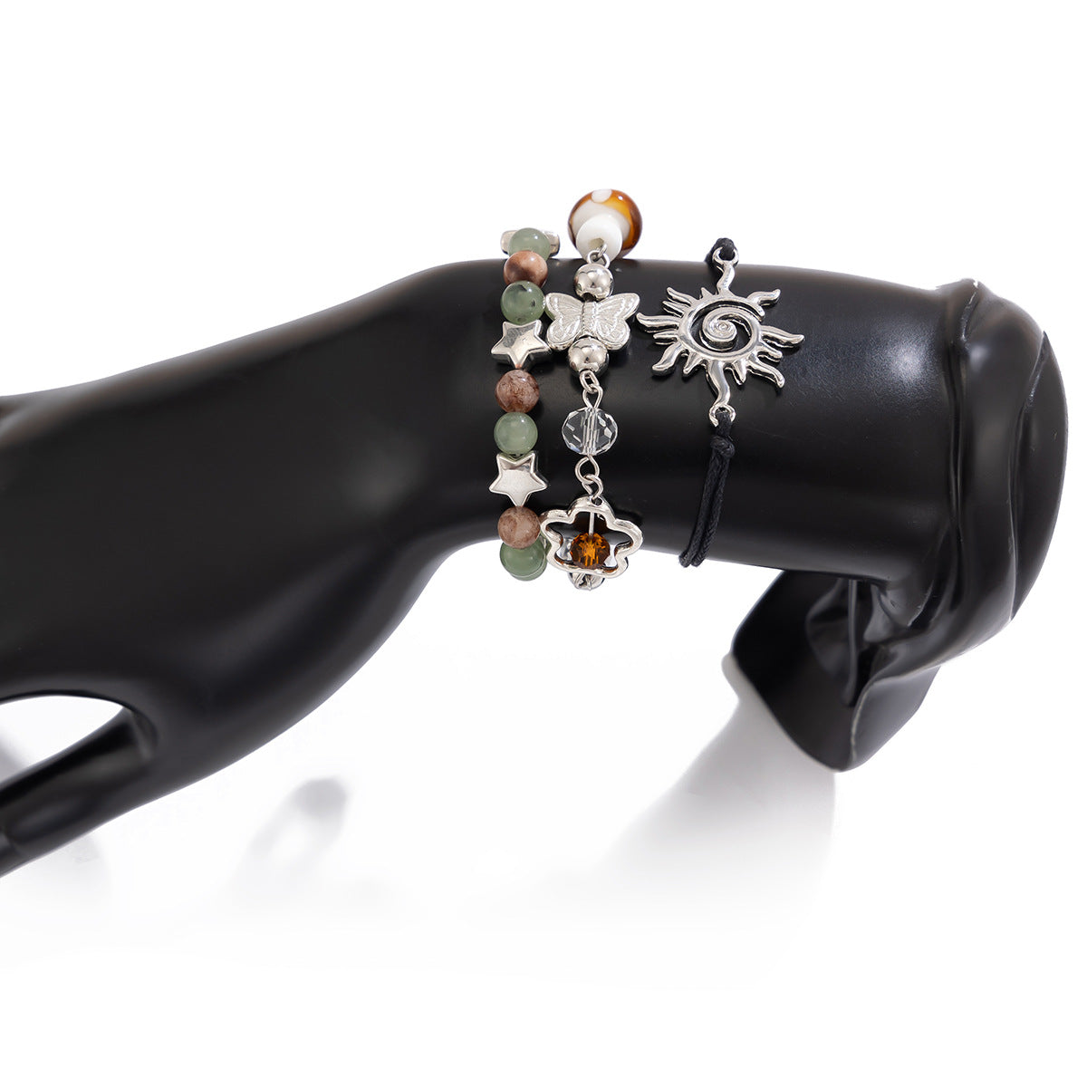 Bracciale da donna in stile etnico vintage a forma di stella, con perline, strass e finitura placcata