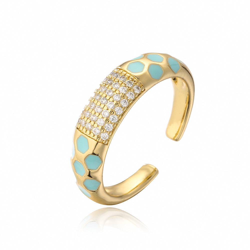 Minimalist Geometric Open Ring for Women in Brass with 18K Gold Plating and Colored Zircon Inlay