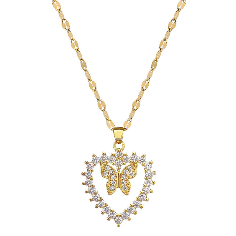 Collar con colgante de corazón y mariposa de diamantes de imitación de lujo para mujer, cadena delicada de clavícula de acero de titanio