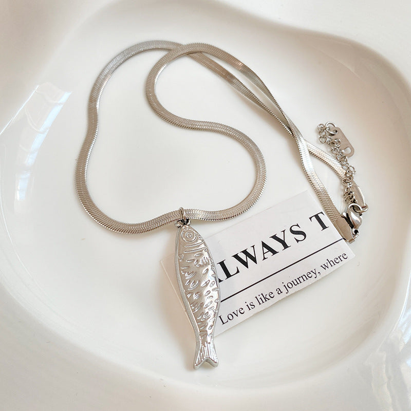Vintage Fish Titanium Steel Plated Necklace with Snake Chain