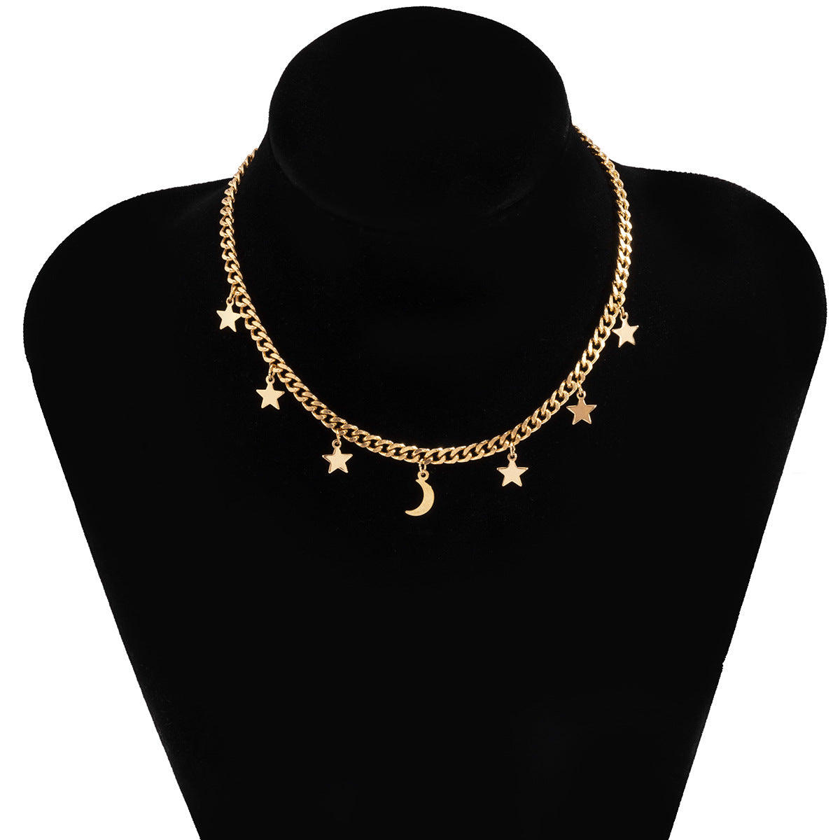 Collana con ciondolo a stella e luna minimalista con nappe per donna, design geometrico in lega con finitura elettrodeposita su catena a croce