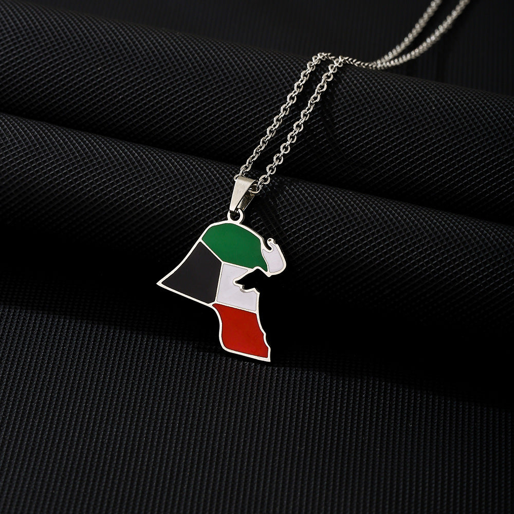 Collar con Colgante de Bandera de Mapa de Kuwait Geométrico Retro en Acero Inoxidable con Acabado Esmaltado en Cadena Tipo O para Unisex