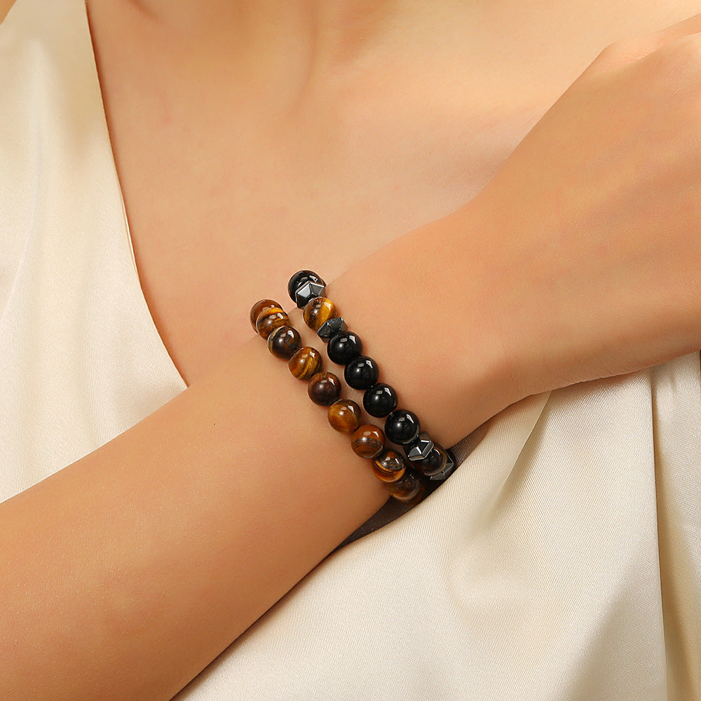 Minimalist Geometric Round Tiger Eye and Hematite Handmade Bracelet Set for Unisex