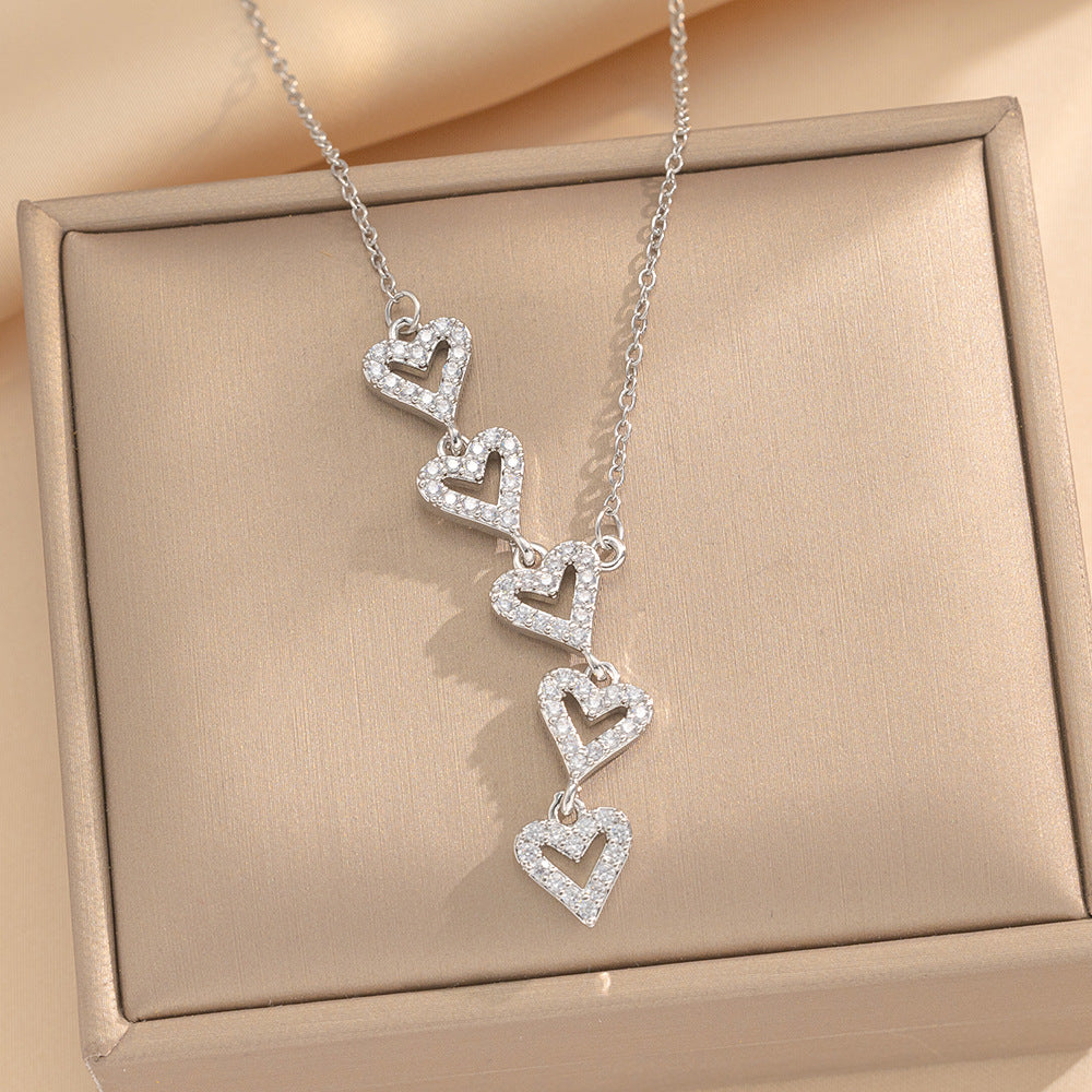 Luxury Minimalist Heart-Shaped Titanium Steel Necklace with Rhinestone Inlay for Women, O-Chain Pendant Jewelry