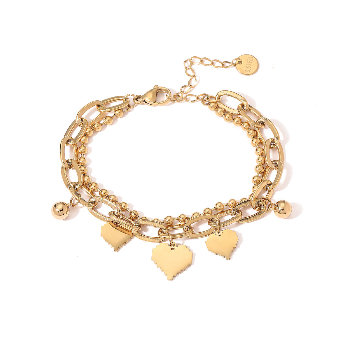 Bracciale da donna a doppio strato in acciaio inossidabile placcato oro 18 carati a forma di cuore, elegante e minimalista