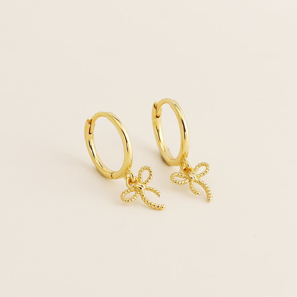 Sweet Minimalist Bow Plated 925 Sterling Silver Screw-Back Hoop Earrings for Women