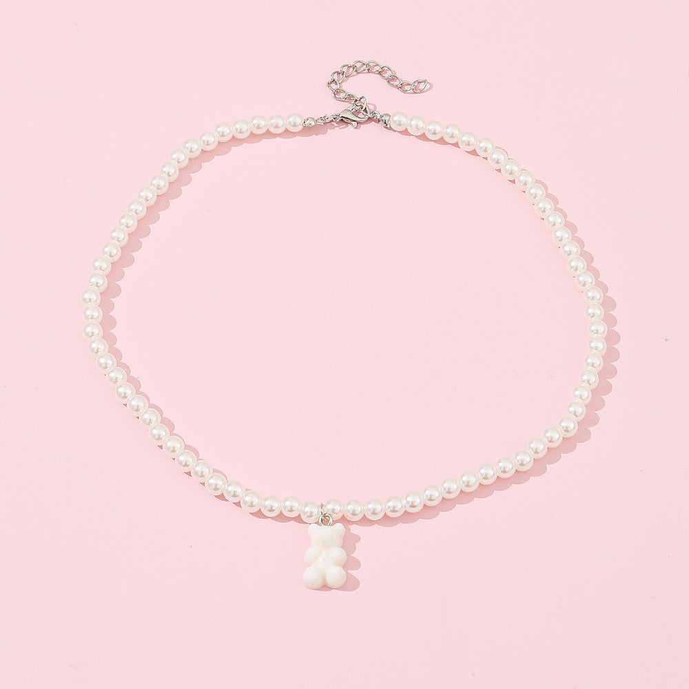 Minimalist Bear-Shaped Resin Necklace for Girls with Pearl Chain Adjustable Choker Style Pendant Necklace