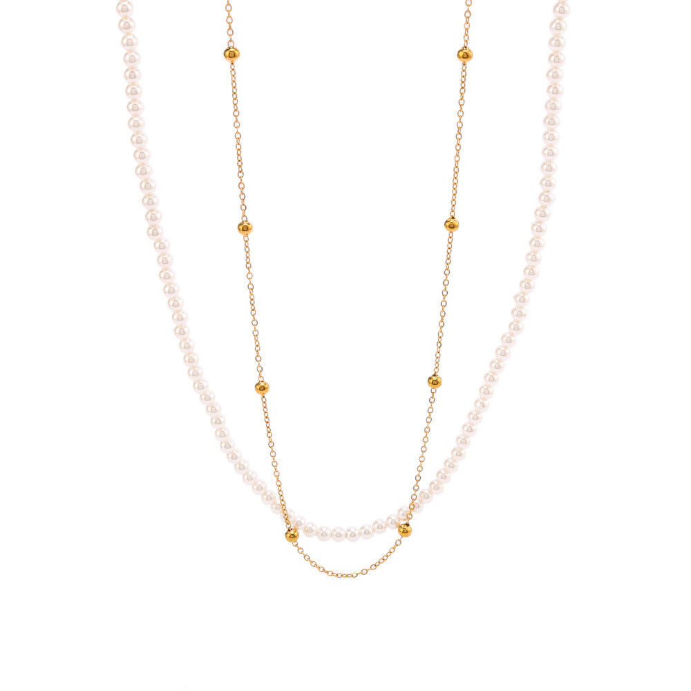 Vintage French-Inspired Geometric Pearl Necklace with Stainless Steel Chain and 18K Vacuum Plated Titanium Steel Pendant for Women