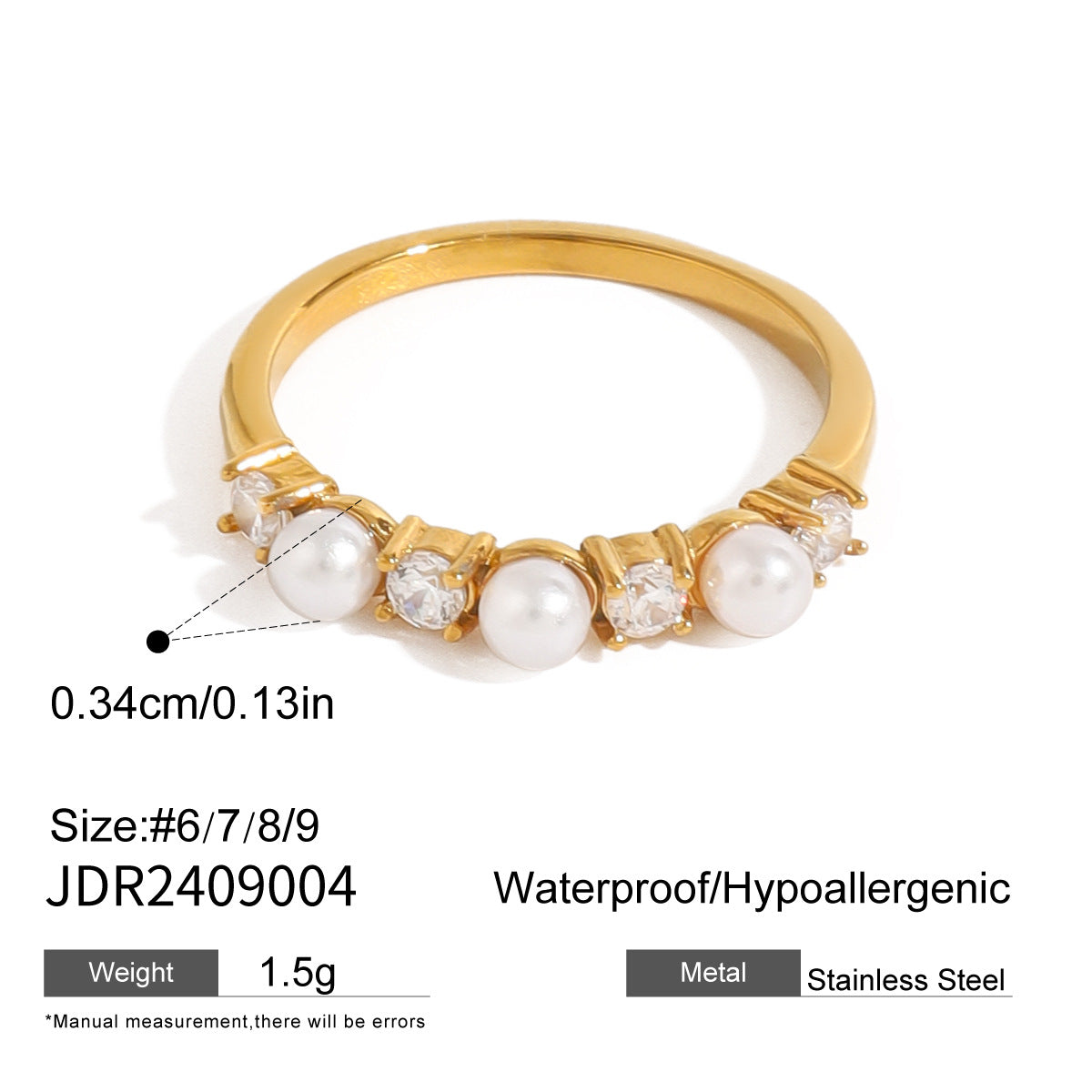 Minimalist Elegant Geometric Titanium Steel Plated Ring and Curb Chain Bracelet Set with Cubic Zirconia and Pearl for Women