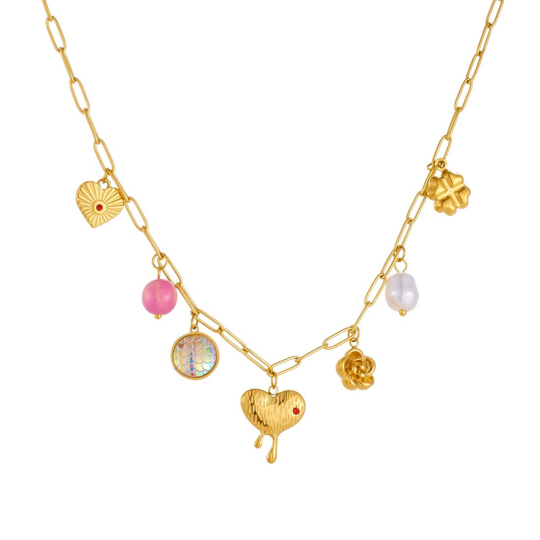 Sweet Gold Plated Rhinestone Inlaid Heart and Teardrop Floral Stainless Steel Necklace with Curb Chain
