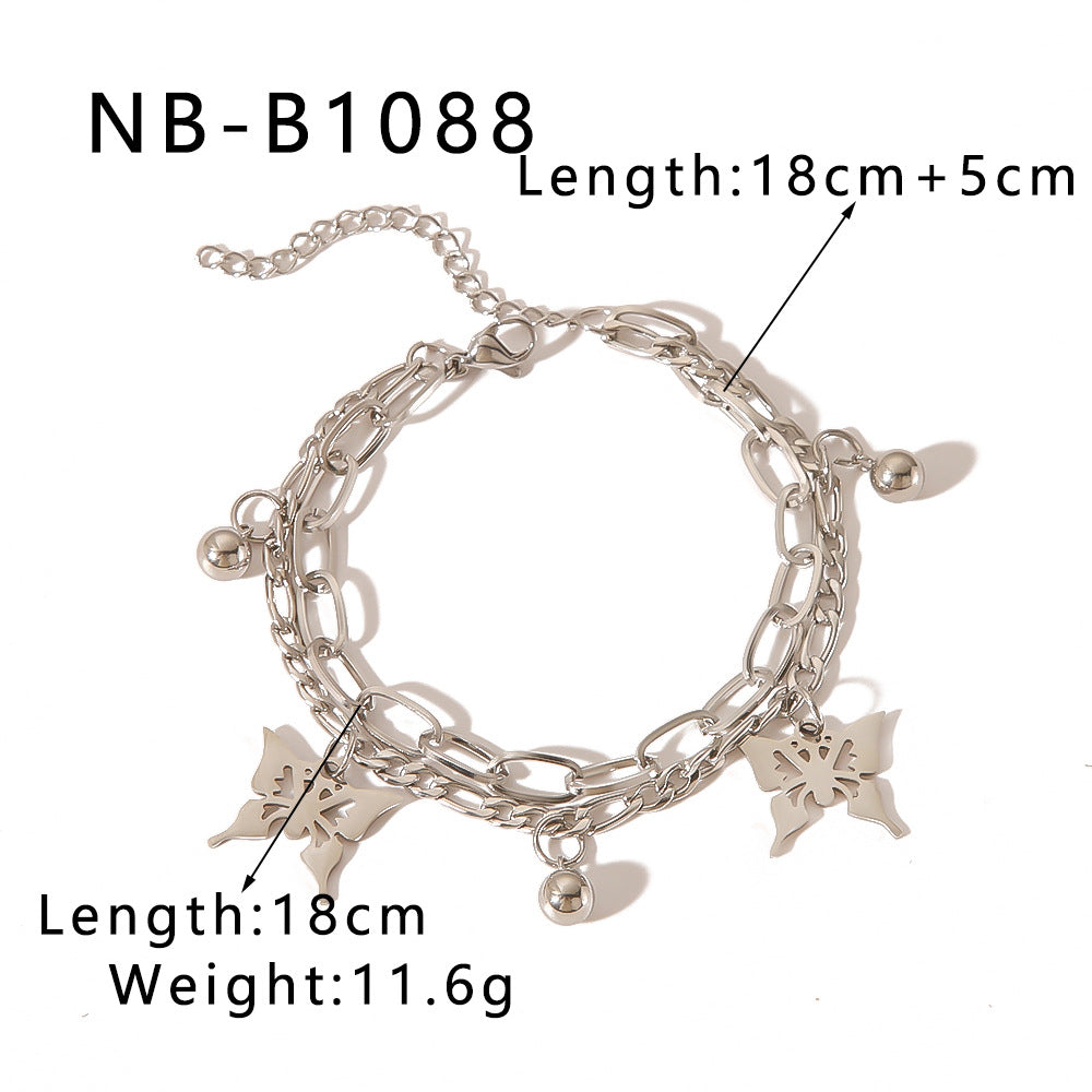 INS Style Butterfly and Cross Pendant Stainless Steel Multi-Layer Cuban Bracelet with Gold Plating for Unisex