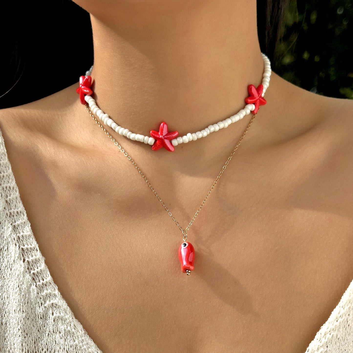 Bohemian Sweet Geometric Ceramic Resin Fish Starfish Turquoise Tassel Beaded Necklace for Women