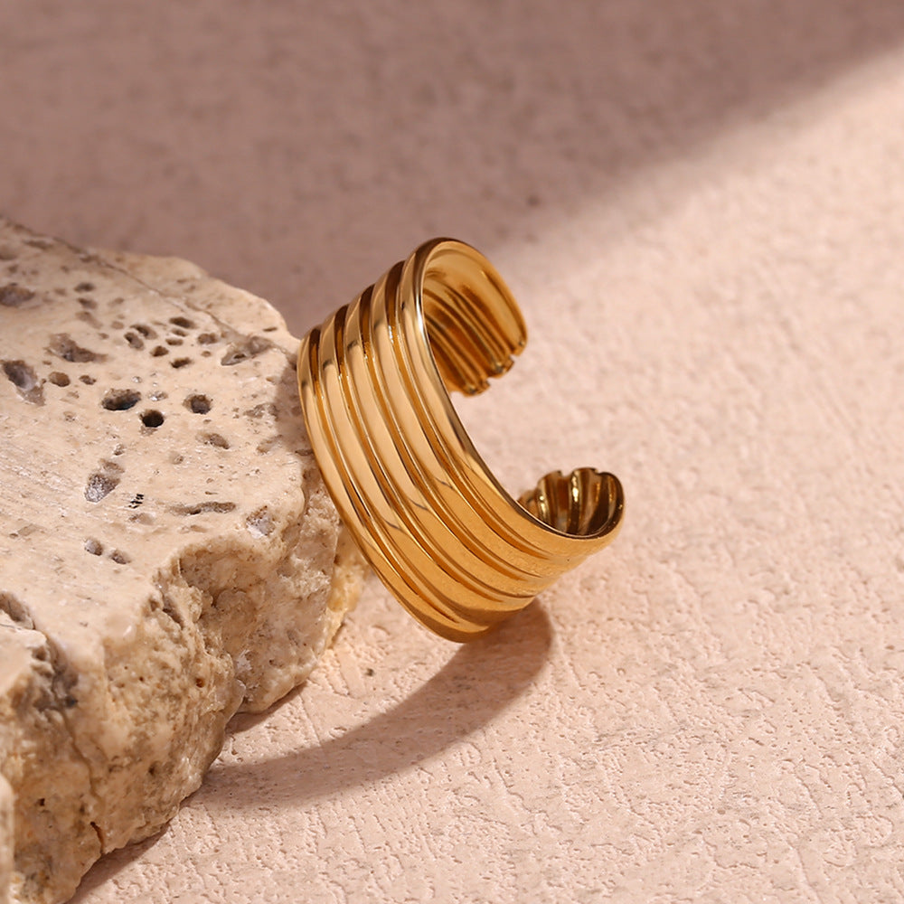 Minimalist Geometric Stainless Steel Plated 18K Gold Vintage Open-End Multi-Layer Striped Ring for Women