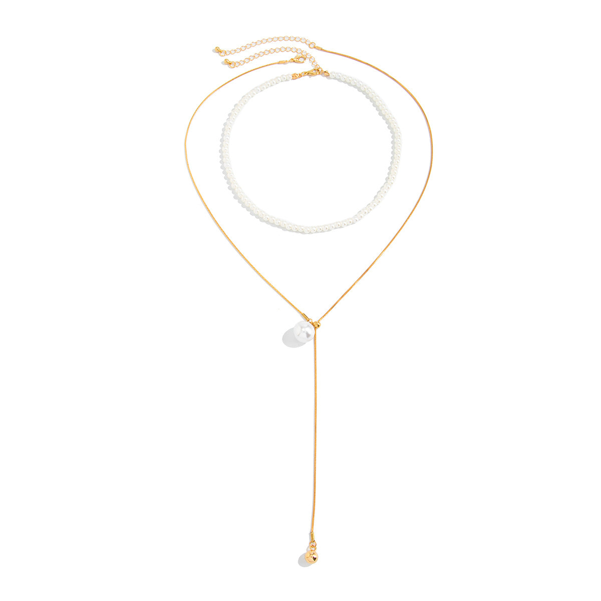 Vintage Casual Round Geometric Brass Plated Pearl Ball Chain Necklace for Women
