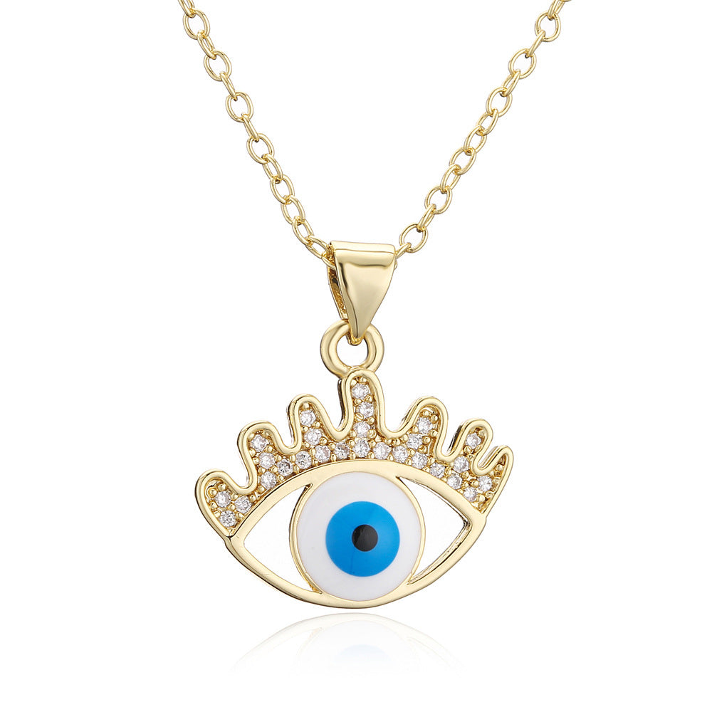 Gold Plated Brass Geometric Heart Evil Eye Pendant Necklace with Cubic Zirconia Inlay and Drip Oil Detail on Cable Chain