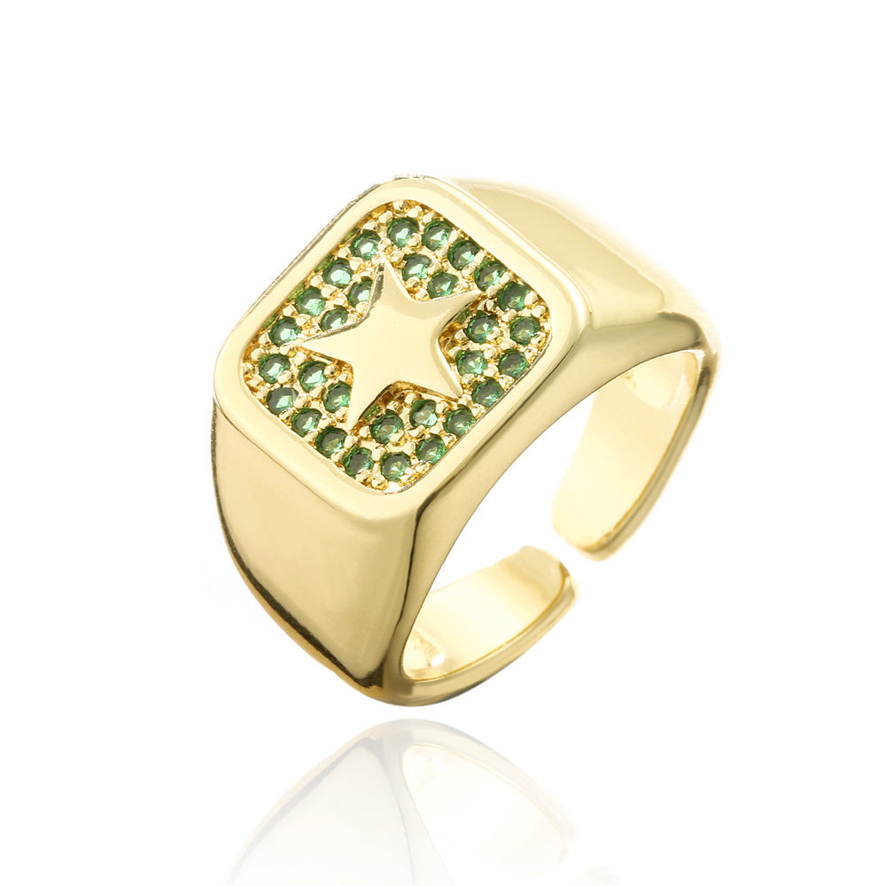 Punk Style Geometric Star-Shaped Copper Ring with 18K Gold Plating and Micro-Pave Zirconia