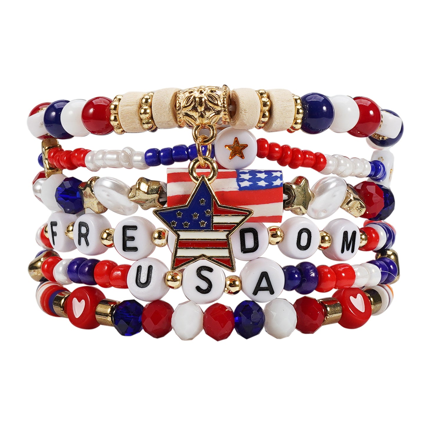 Braccialetto Patriotic Rosso Bianco Blu a Stella Geometrica con Perline in Vetro Unisex