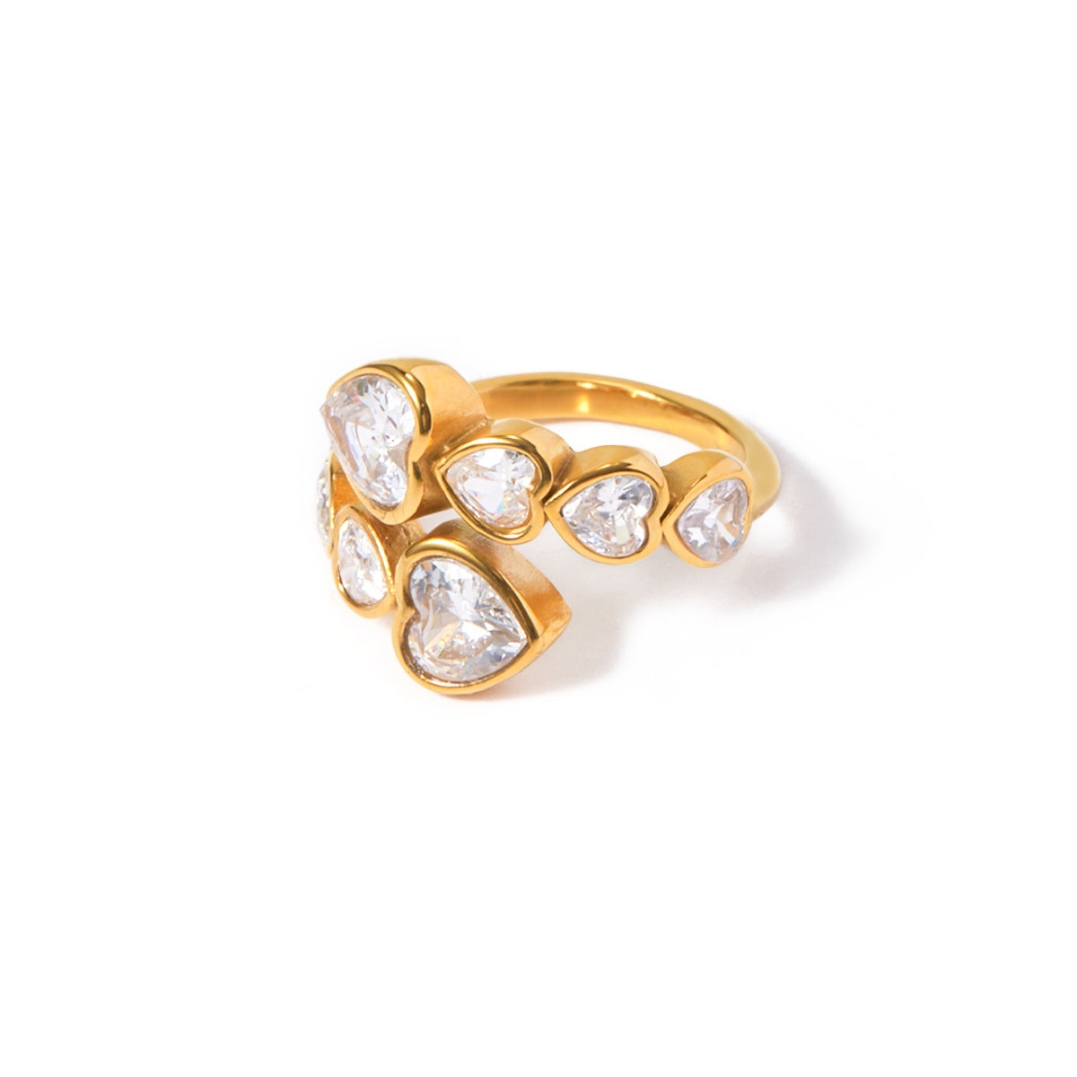INS Style Heart-Shaped Titanium Steel Ring with 18K Gold Plating and Zircon Inlay, Adjustable Open Band