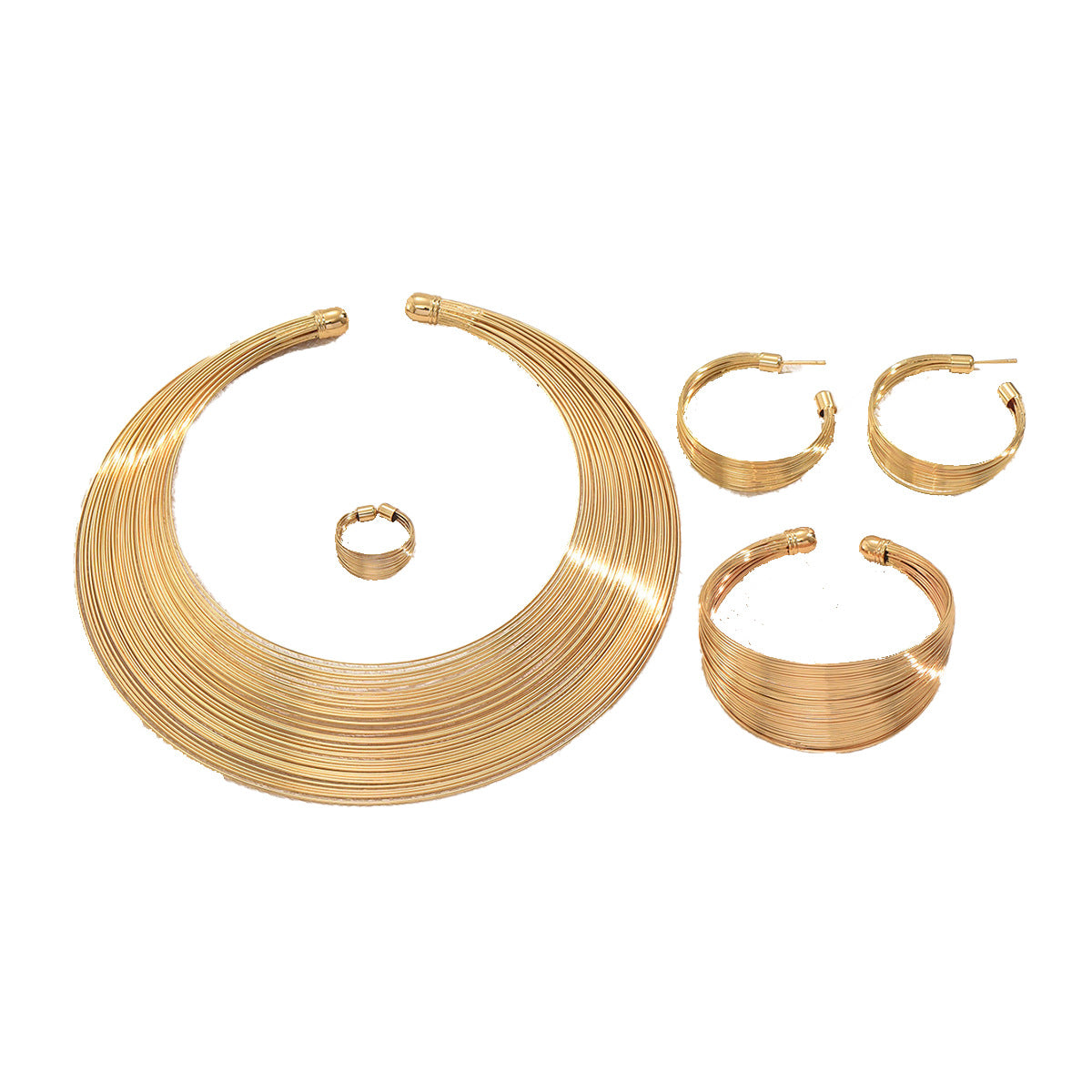 Conjunto de collar de metal multicapa con diseño de líneas geométricas, pulsera ajustable y pendientes para mujer