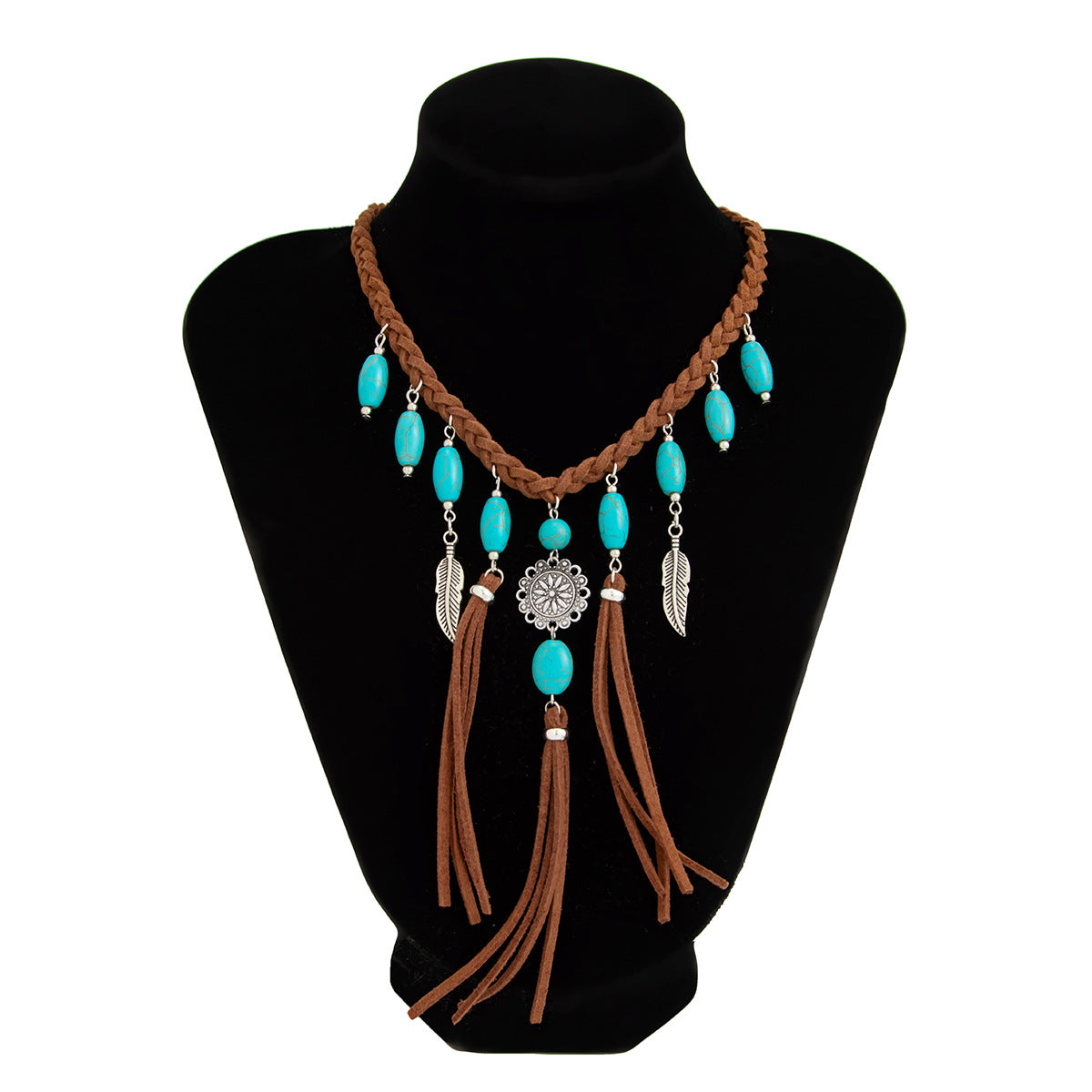Bohemian Vintage Ethnic Round Turquoise Inlay Alloy Plated Necklace with Tassel for Women