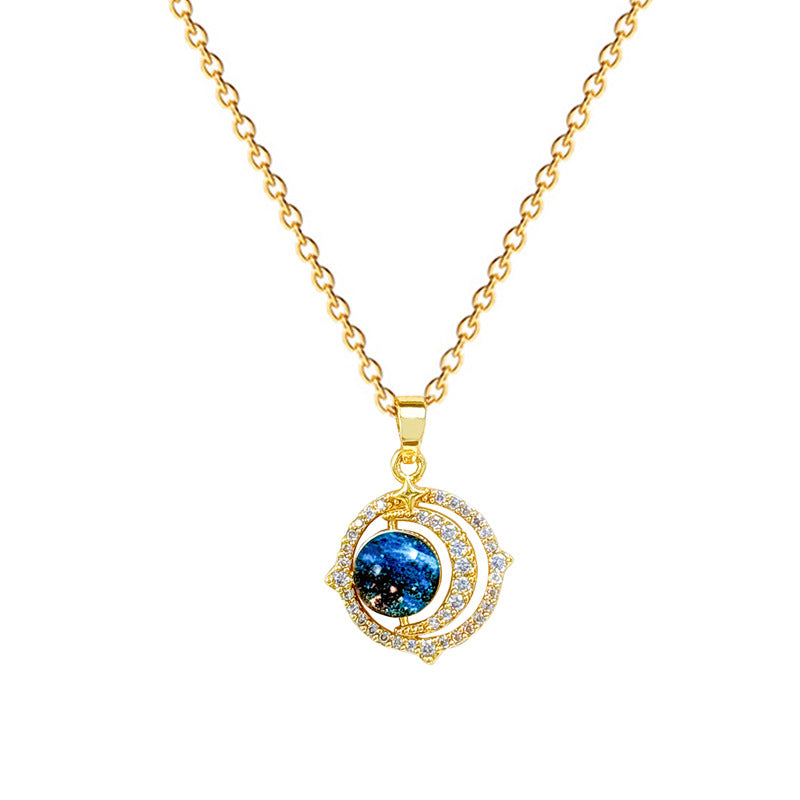 Collar con colgante de cielo estrellado estilo caricatura para mujeres y hombres, cadena de clavícula de acero inoxidable con incrustaciones completas de diamantes de imitación.