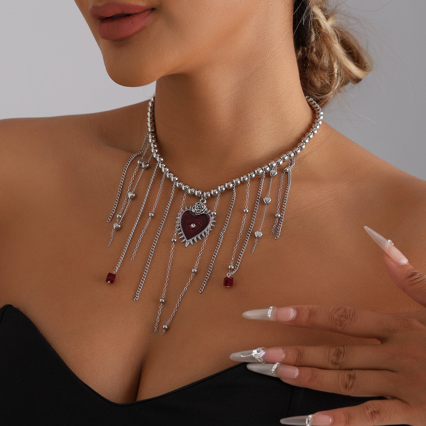 Gothic Sweet Heart Geometric Alloy Plated Necklace with Tassel for Women