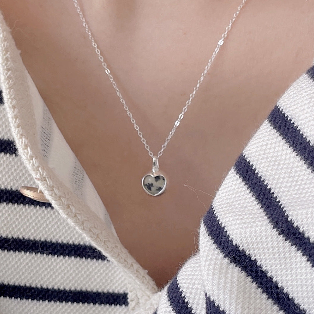 Minimalist Heart-Shaped 925 Sterling Silver Zebra Stone Pendant Necklace with Snake Chain, Plated Finish