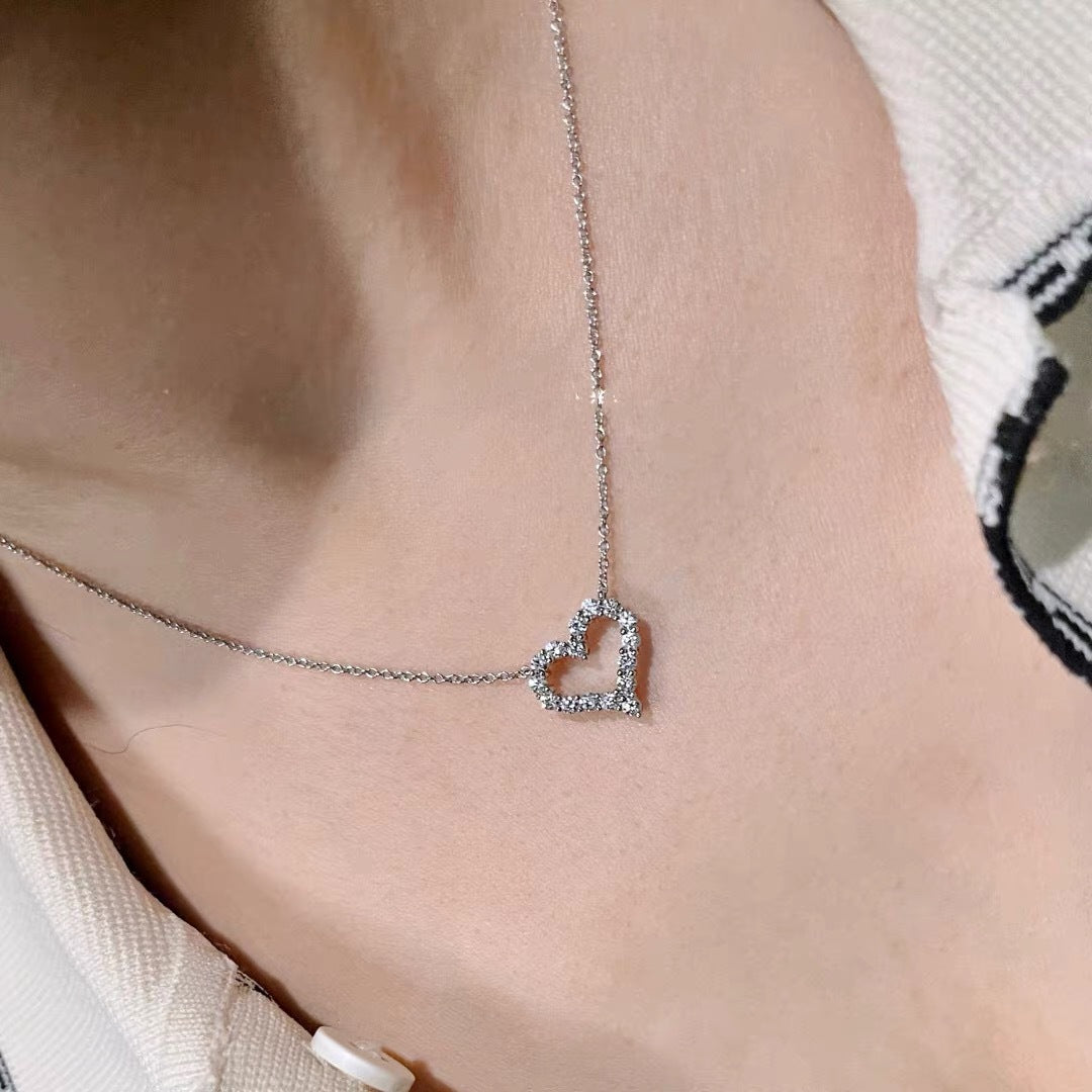 Minimalist Hollow Heart Pendant Necklace for Women Titanium Steel with Rhinestone Inlay Snake Chain Lightweight Delicate Clavicle Jewelry