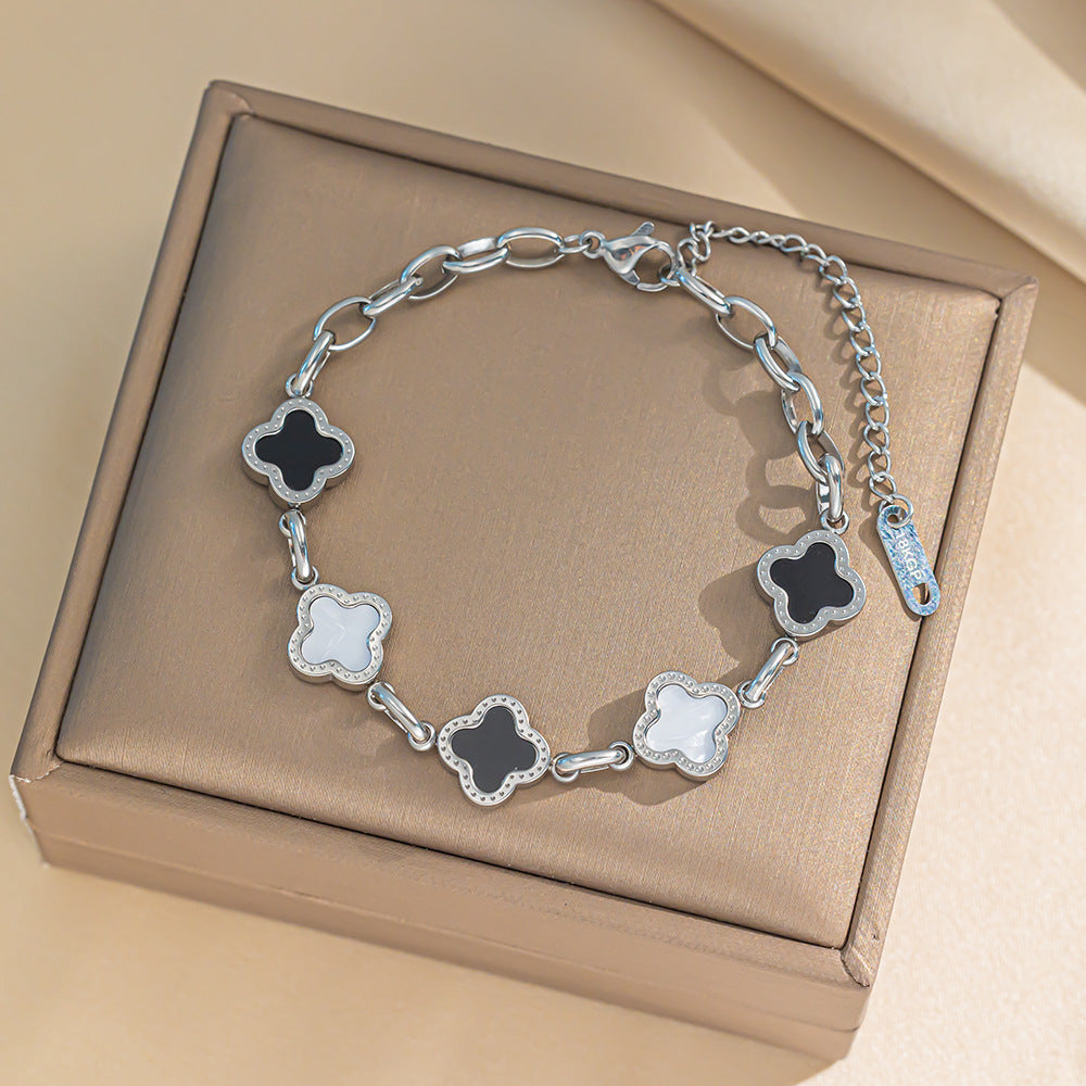 Minimalist Four-Leaf Clover Titanium Steel Bracelet for Women with Electroplated Finish, Geometric Design