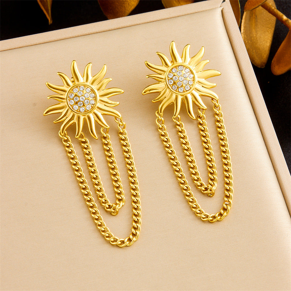 Gold Plated Rhinestone Heart Floral Bow Tassel Stainless Steel Earrings for Women