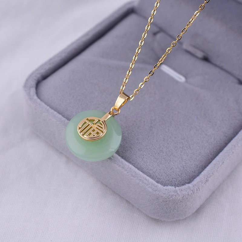 Collana pendente con carattere Fu, minimalista Feng Shui, in acciaio al titanio con intarsio in rame placcato oro su catena a O, da donna