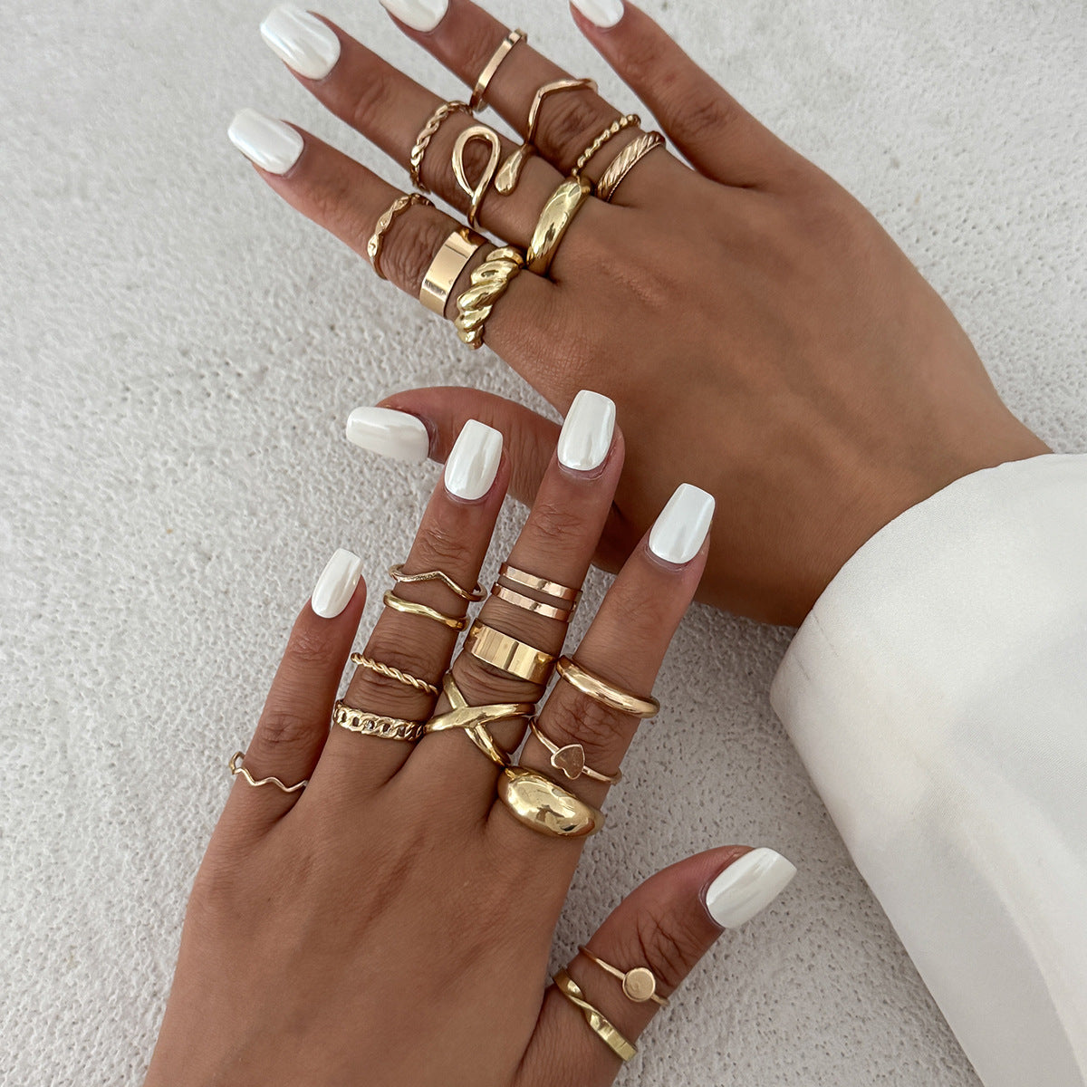 Minimalist Geometric Alloy Plated Open Ring Set with Pearl Inlay for Women