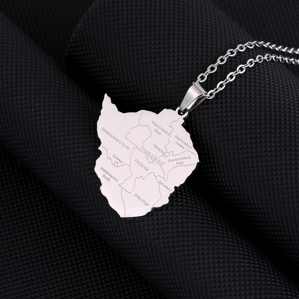 Collana pendente con mappa della città di Zimbabwe in stile etnico geometrico in acciaio inossidabile con ciondolo in acciaio al titanio e finitura galvanica su catena a O