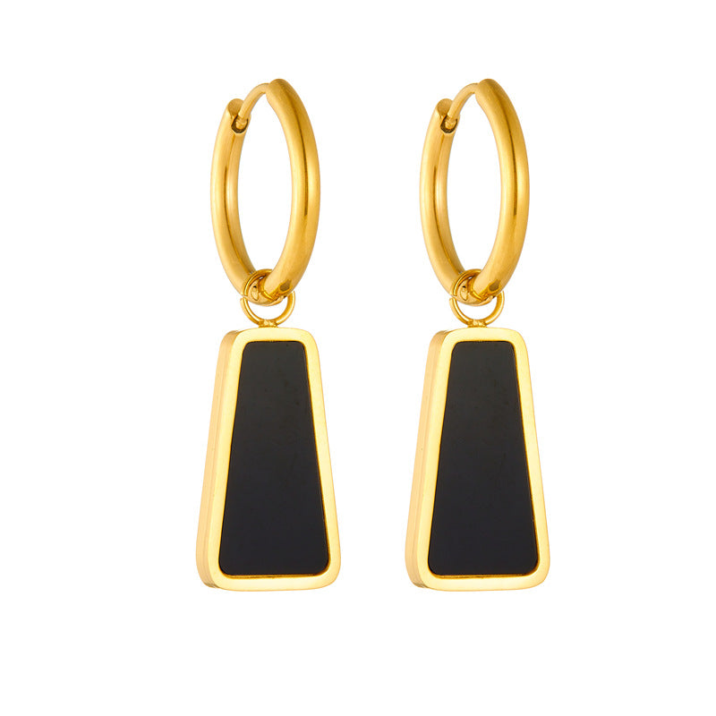 Minimalist Retro Geometric Black Titanium Steel Gold-Plated Pendant Earrings with Trapezoidal and Circular Shapes