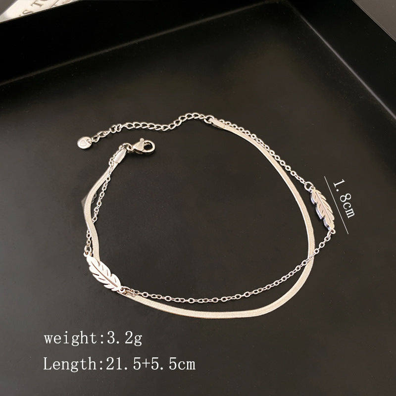 Minimalist Hollow Feather Double Layer Heart Geometric Titanium Steel Plated Bracelet for Women
