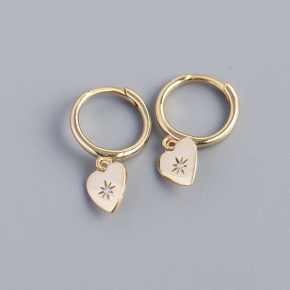 Eleganti orecchini a lobo minimalisti a forma di cuore in argento sterling S925 con intarsio di strass da donna