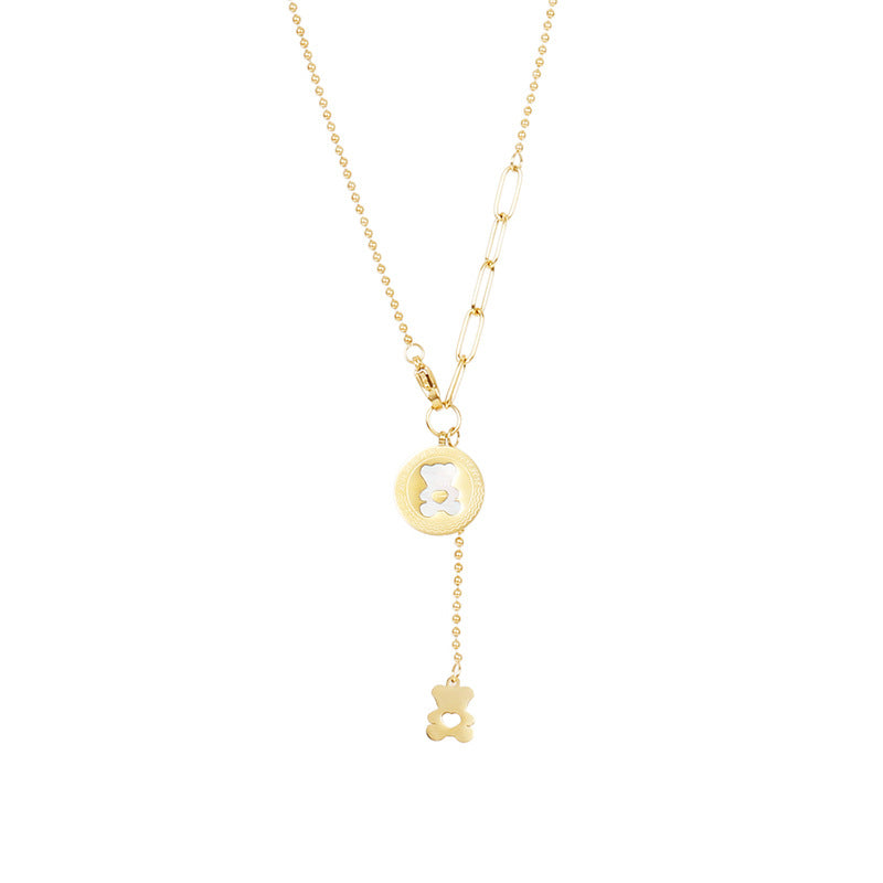 Collana con ciondolo a orsetto minimalista da donna in acciaio al titanio placcato oro, stile catena clavicola, design irregolare, collana lunga a strati