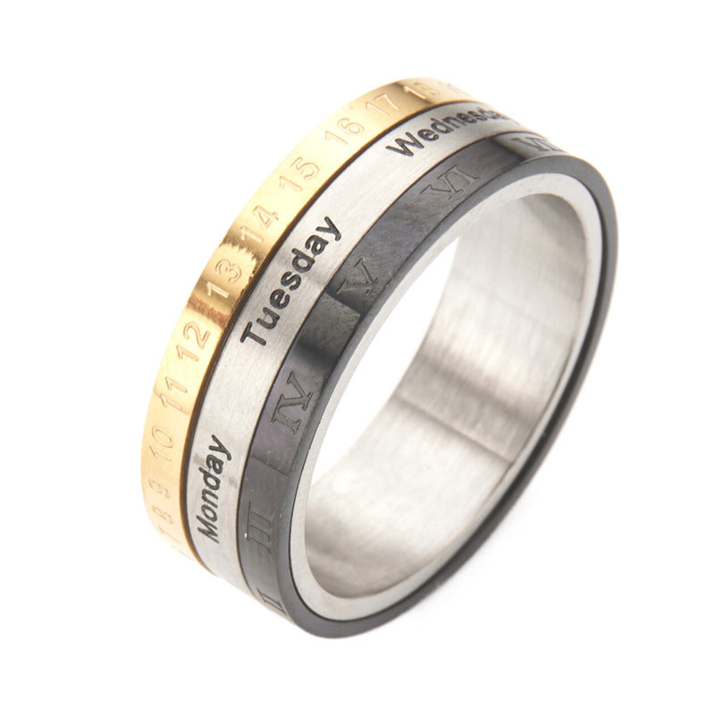 Titanium Steel Calendar Ring with Roman Numerals for Men and Women