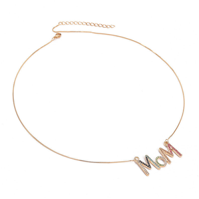 Collana pendente con lettera MOM minimalista per bambini, catena a serpente in lega con intarsio di strass colorati