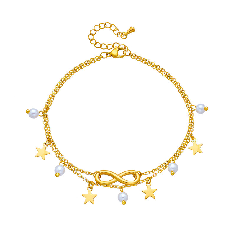 Fashion Retro Beach Style Multi-Layer Ankle Chain with Tassel and Eight-Pointed Star Pendant in Stainless Steel