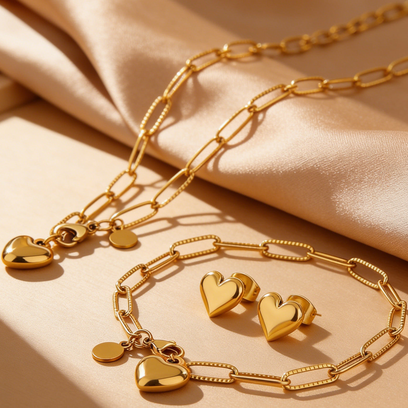 Elegant 18K Gold Plated Titanium Steel Heart Teardrop Necklace Bracelet Earring Set for Women