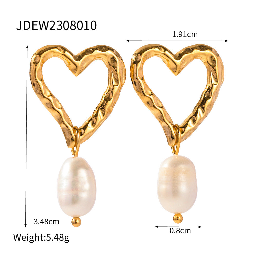Elegant 18K Gold Plated Stainless Steel Heart Pearl Stud Earrings