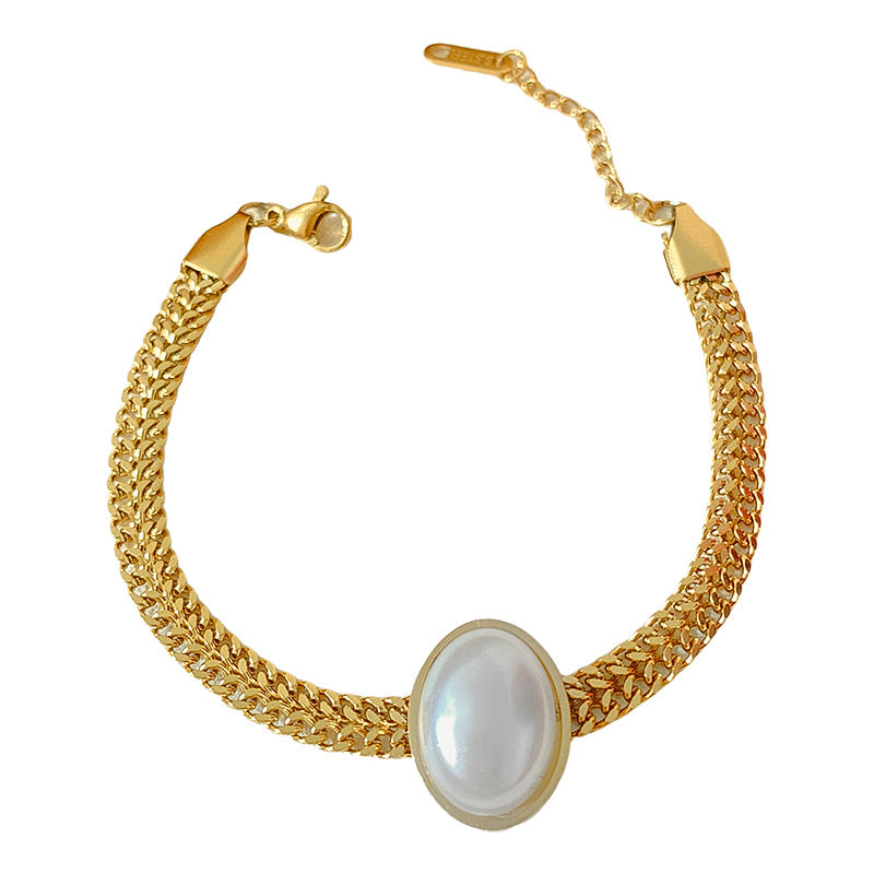 Plated Titanium Steel Curb Chain Bracelet with Pearl Inlay Unisex