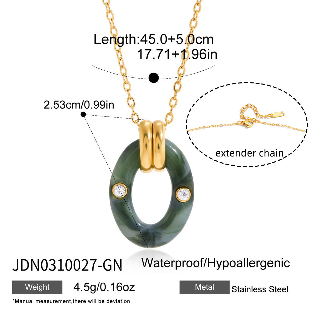 Collar de resina para mujer con colgante ovalado geométrico minimalista de acero de titanio con chapado PVD de oro de 18 quilates