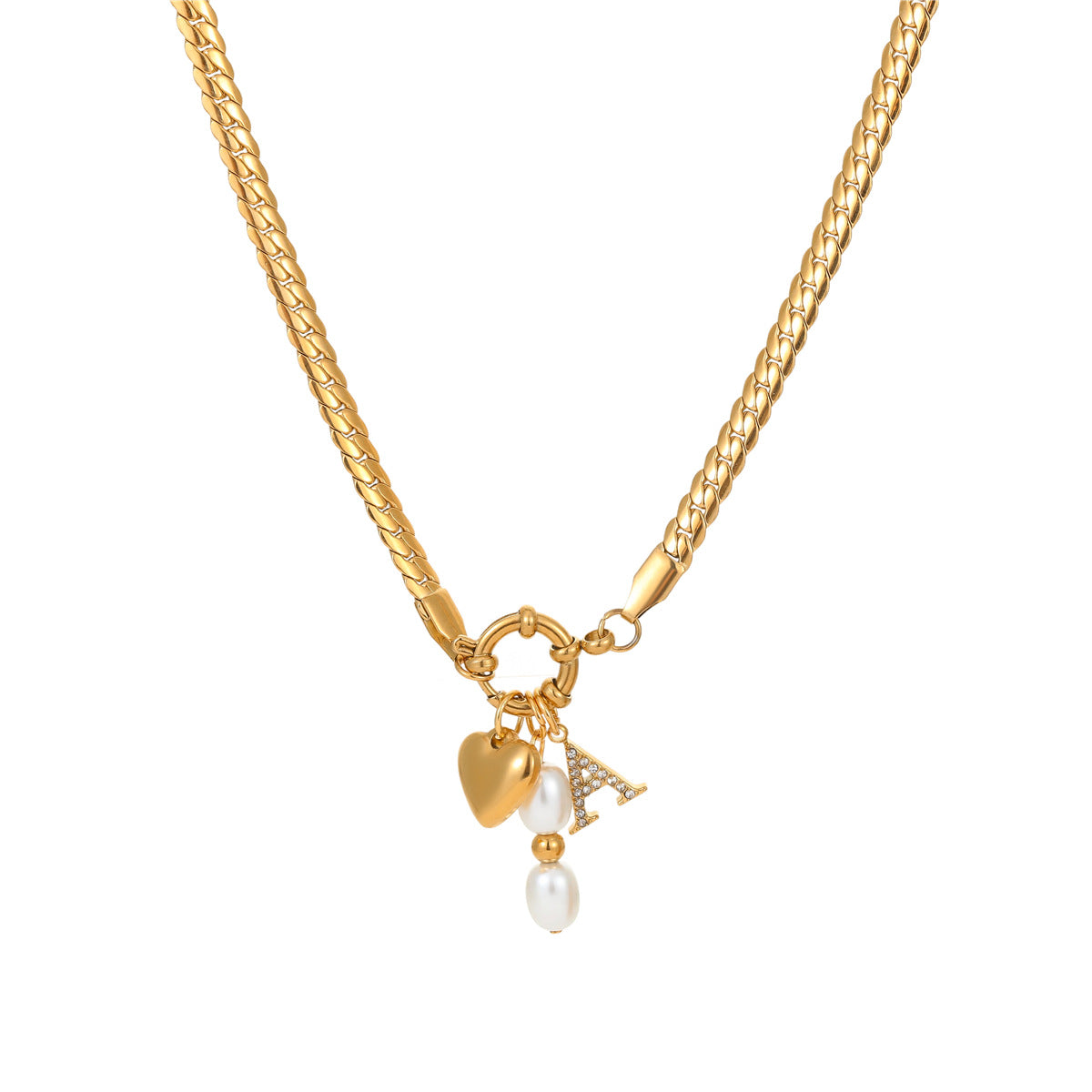 Collana da donna alla moda con ciondolo a cuore con lettera, geometrico, con perle in acciaio inossidabile placcato oro 18 carati